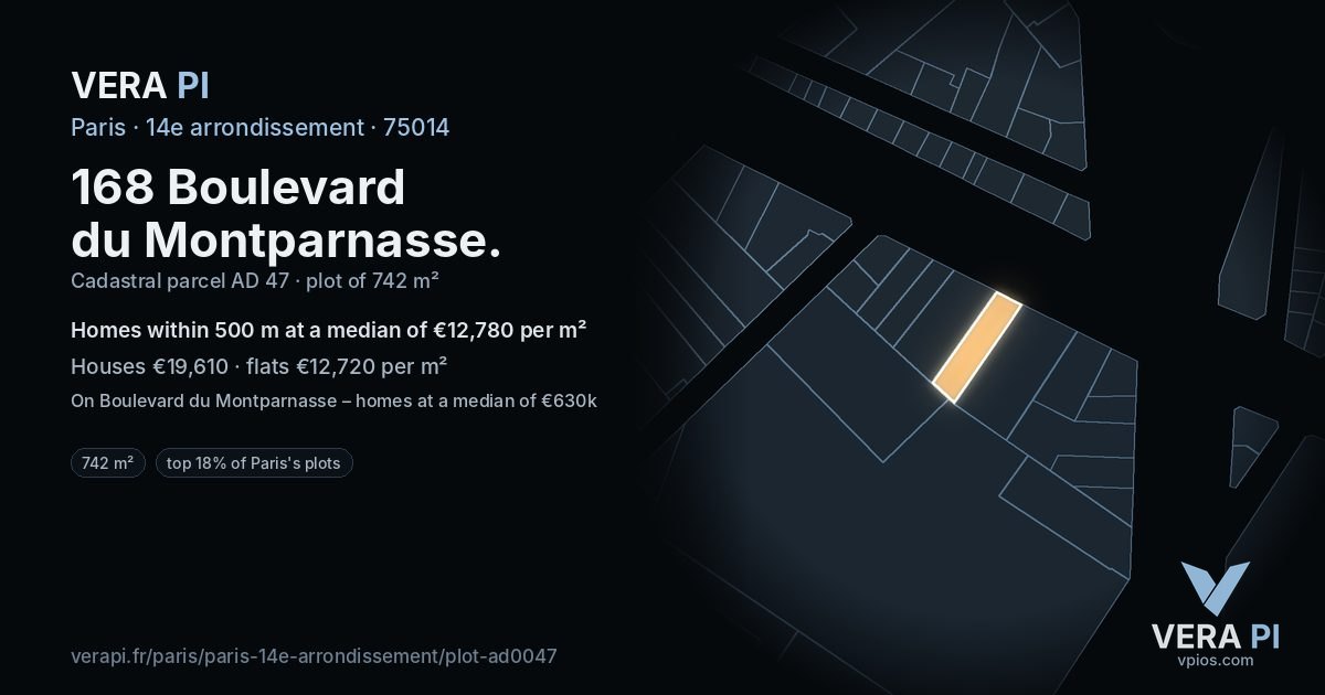 168 Boulevard du Montparnasse, 14e arrondissement at night – the plot lit, the parcels around coloured by the prices near them