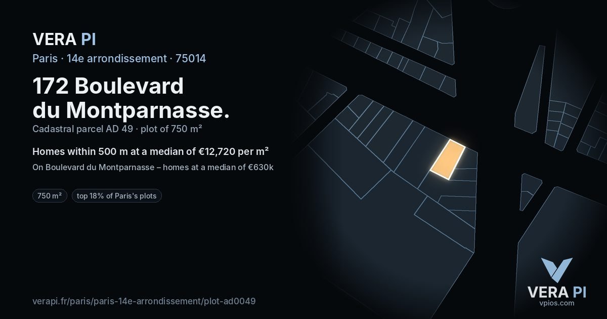 172 Boulevard du Montparnasse, 14e arrondissement at night – the plot lit, the parcels around coloured by the prices near them