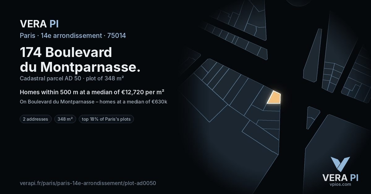 174 Boulevard du Montparnasse, 14e arrondissement at night – the plot lit, the parcels around coloured by the prices near them