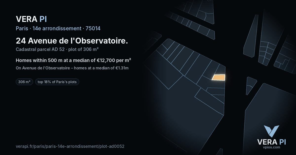 24 Avenue de l'Observatoire, 14e arrondissement at night – the plot lit, the parcels around coloured by the prices near them