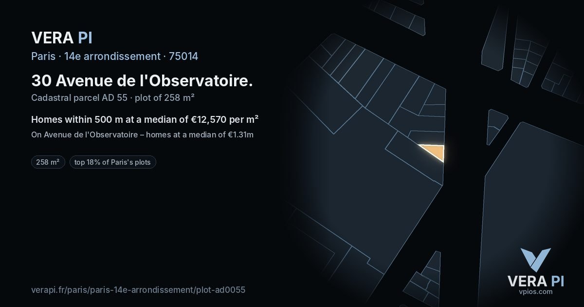 30 Avenue de l'Observatoire, 14e arrondissement at night – the plot lit, the parcels around coloured by the prices near them
