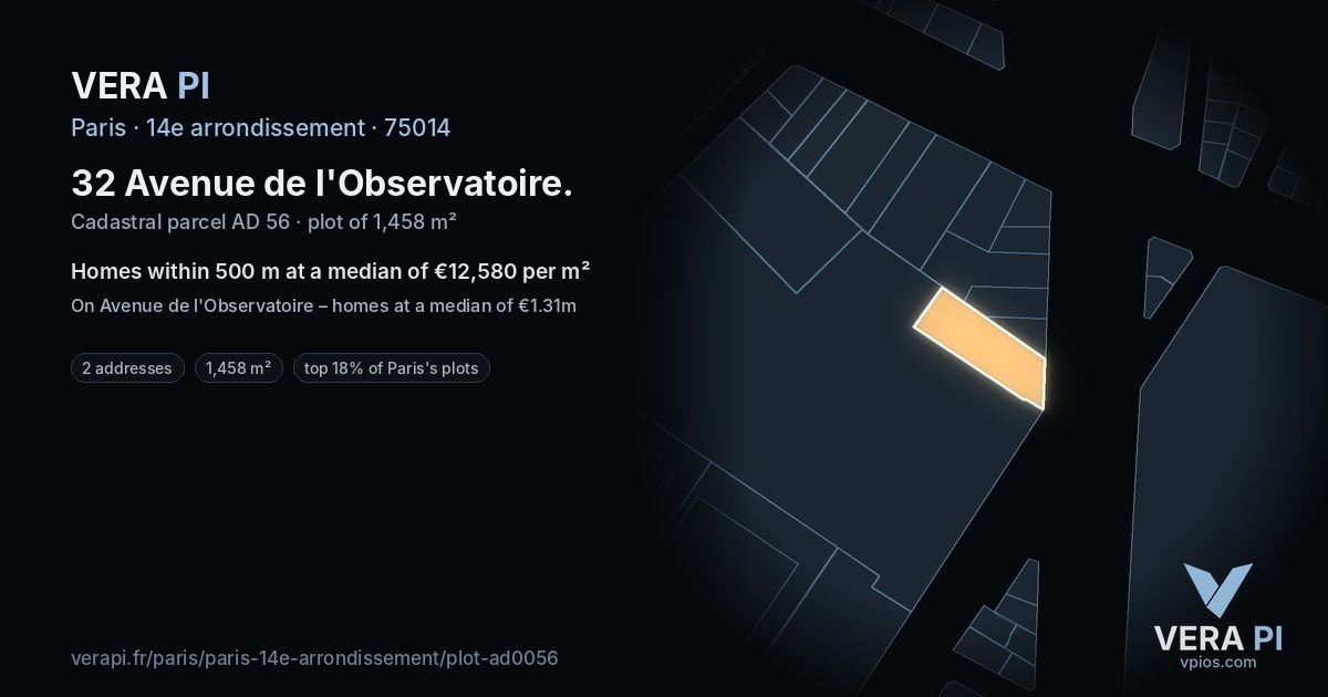 32 Avenue de l'Observatoire, 14e arrondissement at night – the plot lit, the parcels around coloured by the prices near them