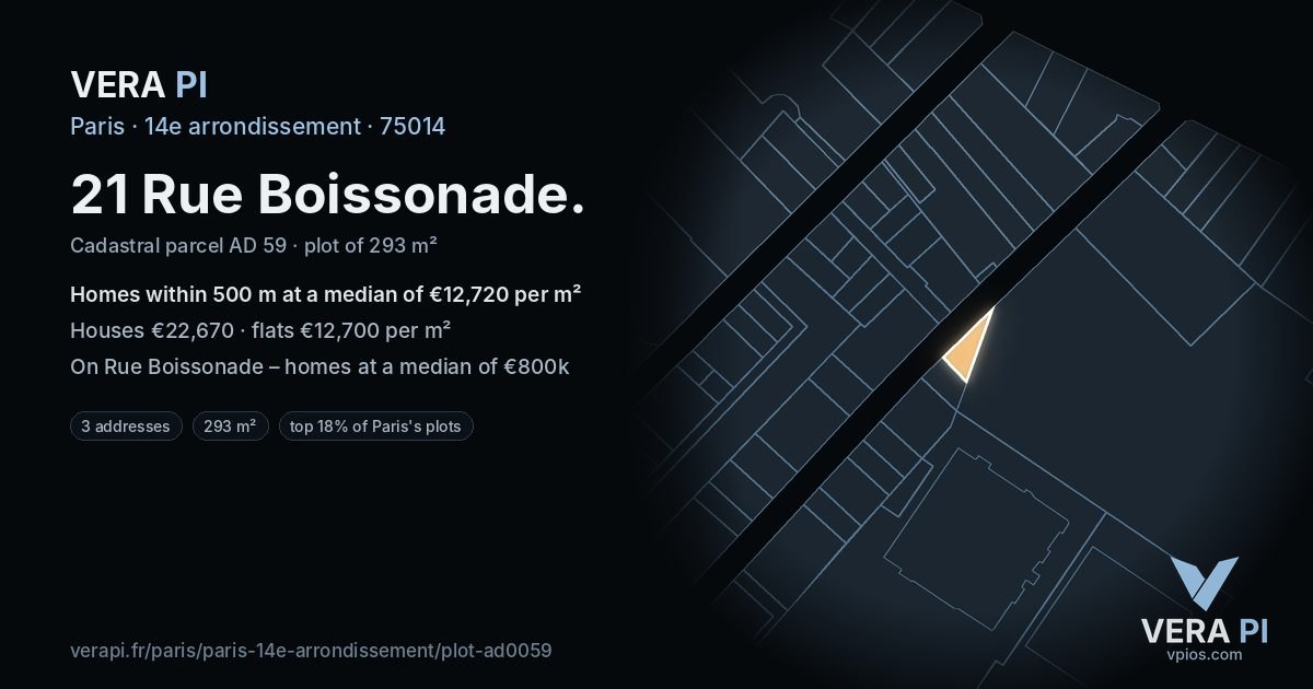21 Rue Boissonade, 14e arrondissement at night – the plot lit, the parcels around coloured by the prices near them