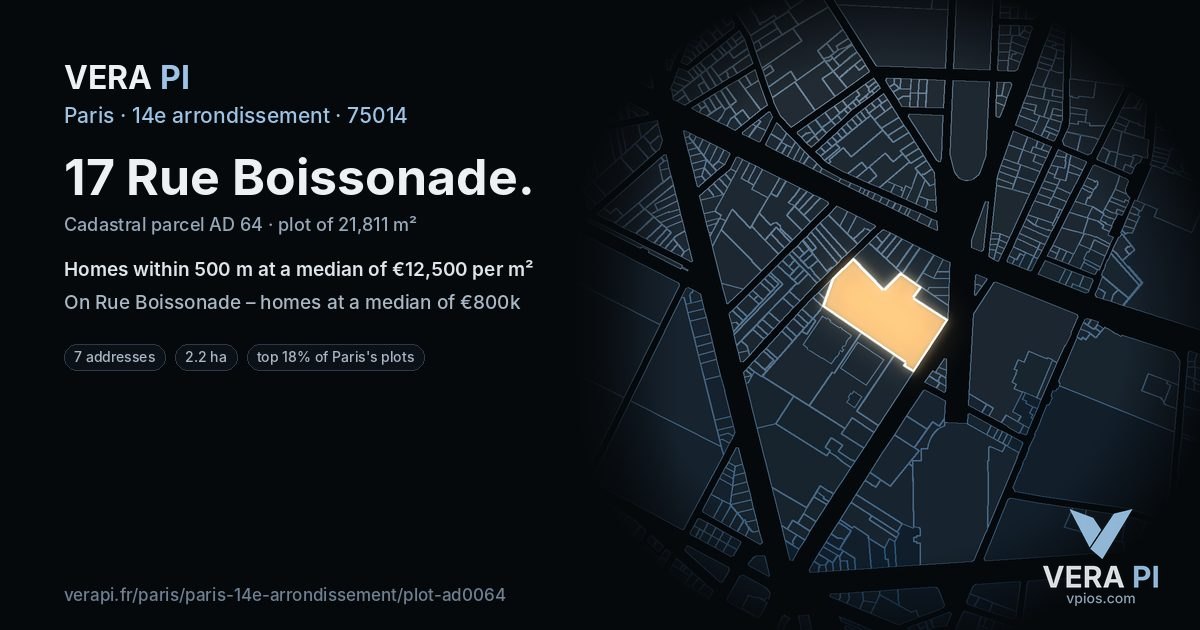 17 Rue Boissonade, 14e arrondissement at night – the plot lit, the parcels around coloured by the prices near them