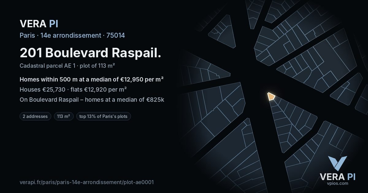 201 Boulevard Raspail, 14e arrondissement at night – the plot lit, the parcels around coloured by the prices near them