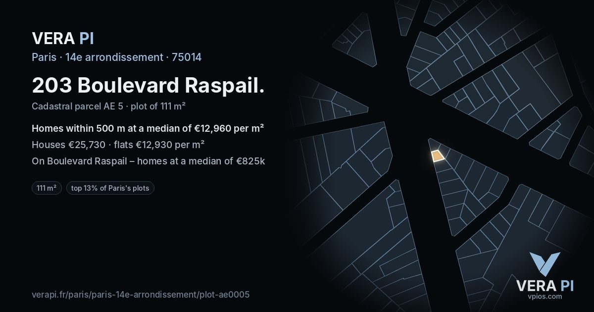 203 Boulevard Raspail, 14e arrondissement at night – the plot lit, the parcels around coloured by the prices near them