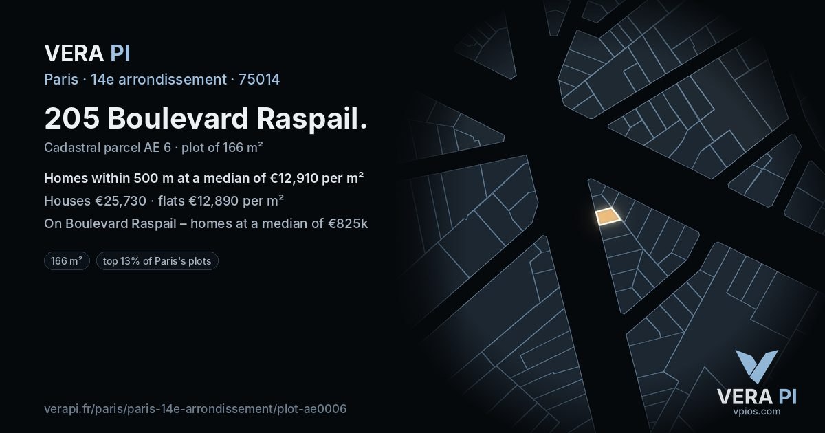 205 Boulevard Raspail, 14e arrondissement at night – the plot lit, the parcels around coloured by the prices near them
