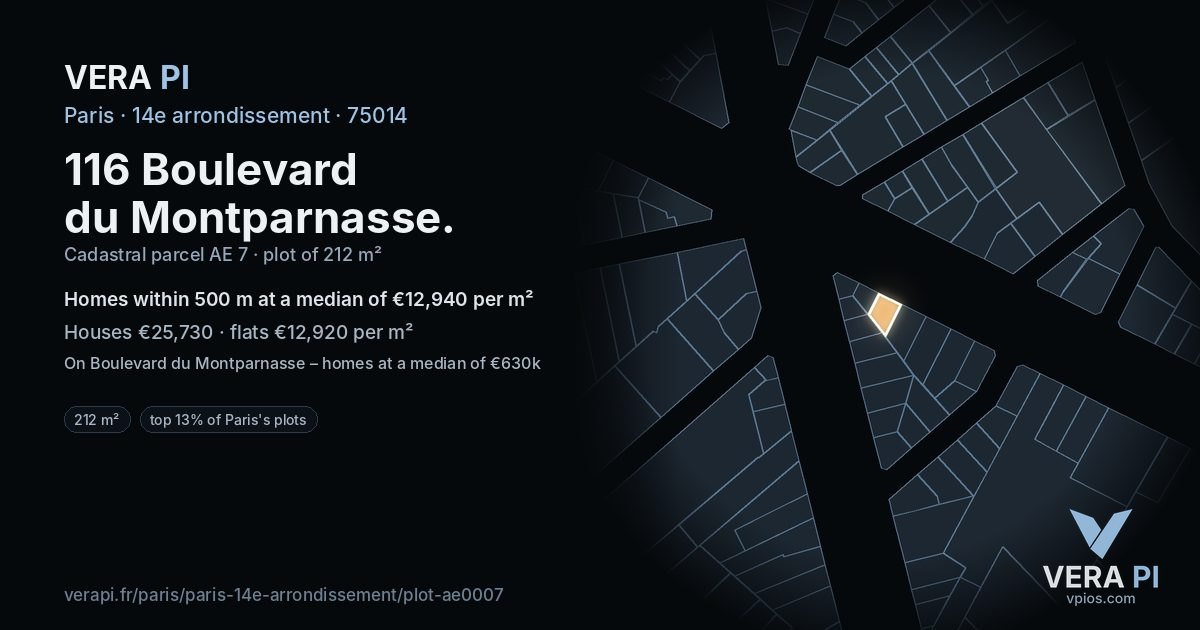116 Boulevard du Montparnasse, 14e arrondissement at night – the plot lit, the parcels around coloured by the prices near them