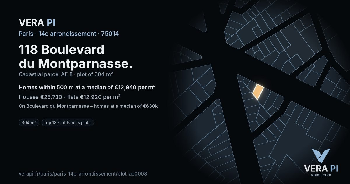 118 Boulevard du Montparnasse, 14e arrondissement at night – the plot lit, the parcels around coloured by the prices near them
