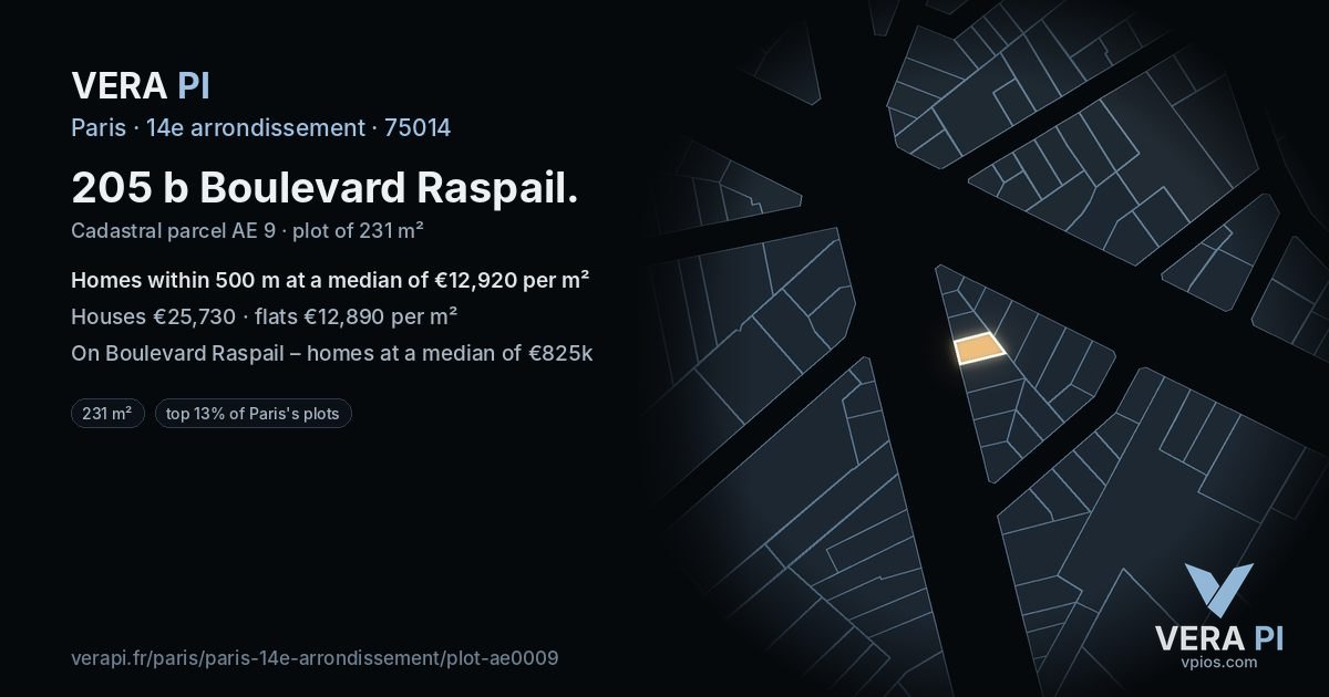 205 b Boulevard Raspail, 14e arrondissement at night – the plot lit, the parcels around coloured by the prices near them
