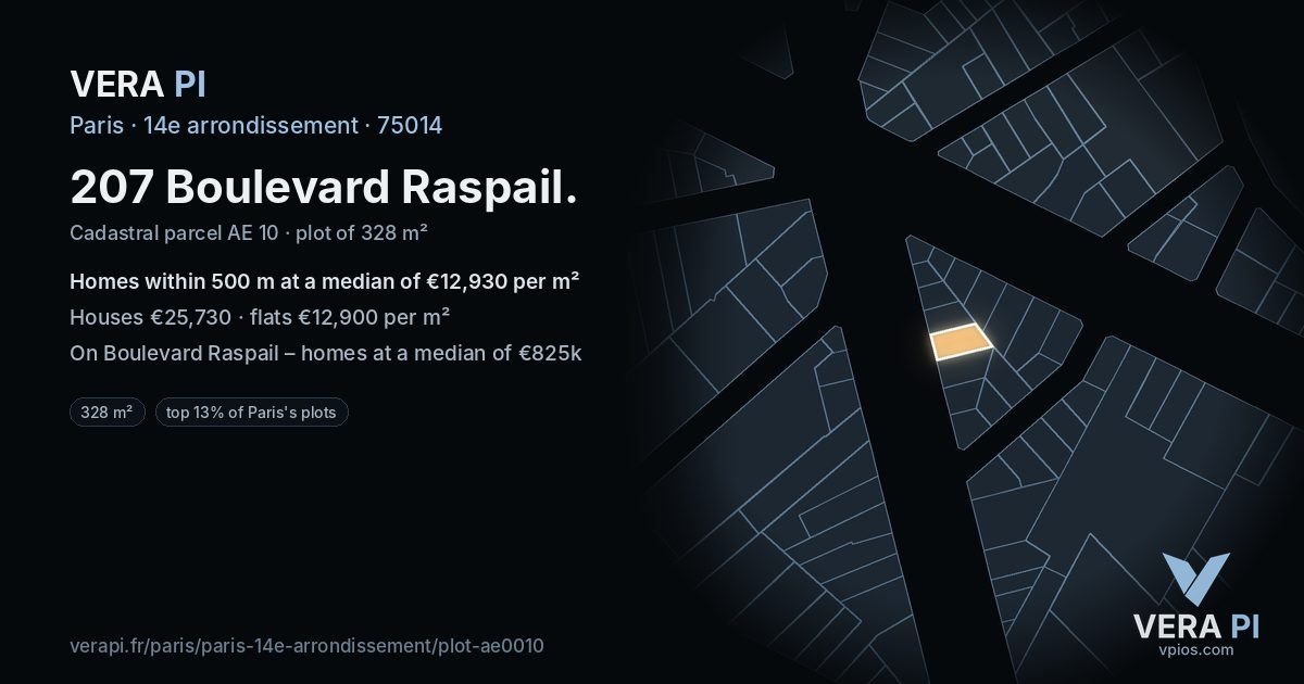 207 Boulevard Raspail, 14e arrondissement at night – the plot lit, the parcels around coloured by the prices near them