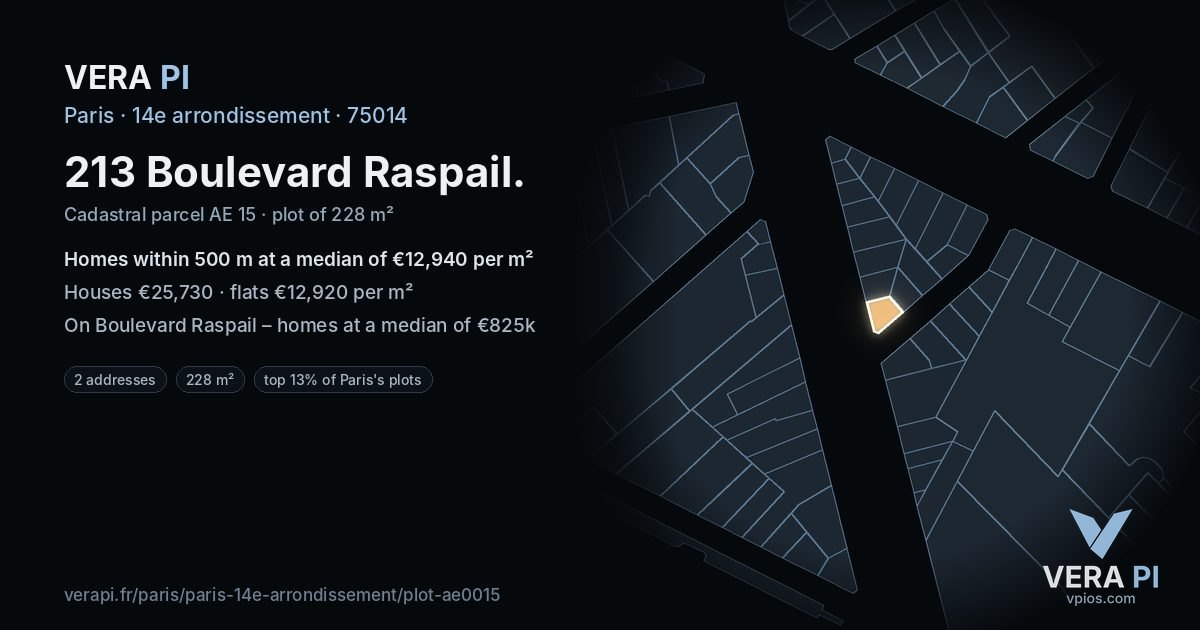 213 Boulevard Raspail, 14e arrondissement at night – the plot lit, the parcels around coloured by the prices near them