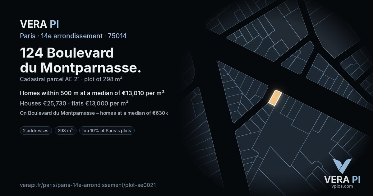 124 Boulevard du Montparnasse, 14e arrondissement at night – the plot lit, the parcels around coloured by the prices near them