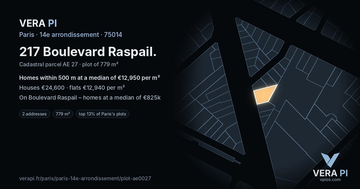 217 Boulevard Raspail, 14e arrondissement at night – the plot lit, the parcels around coloured by the prices near them