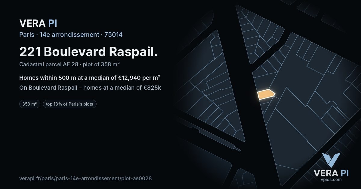 221 Boulevard Raspail, 14e arrondissement at night – the plot lit, the parcels around coloured by the prices near them
