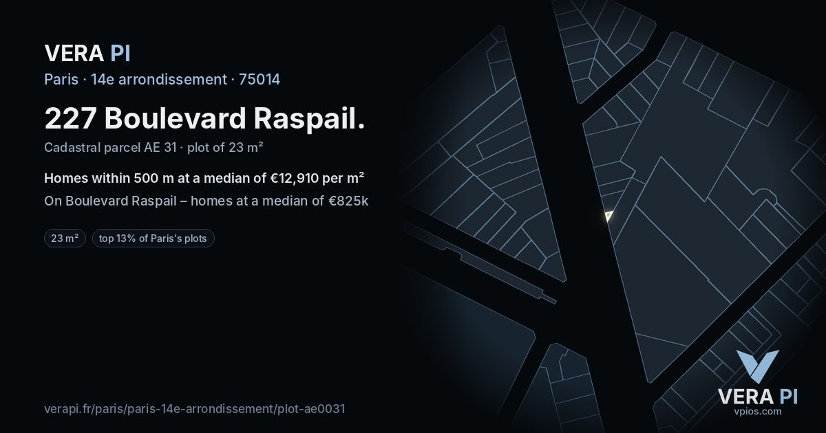 227 Boulevard Raspail, 14e arrondissement at night – the plot lit, the parcels around coloured by the prices near them
