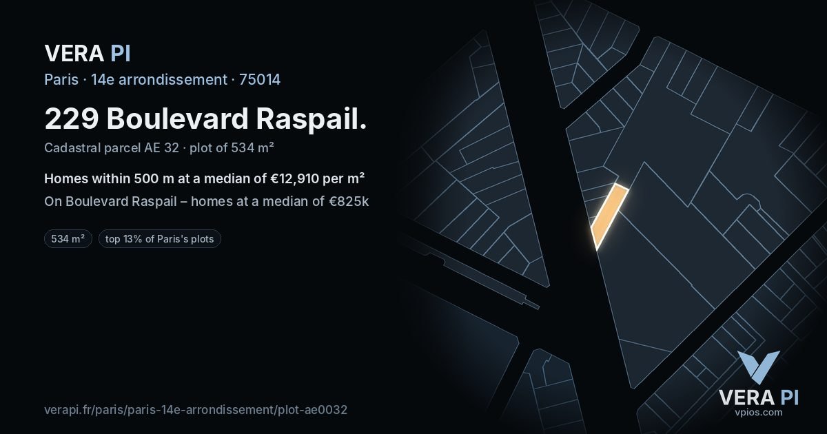 229 Boulevard Raspail, 14e arrondissement at night – the plot lit, the parcels around coloured by the prices near them