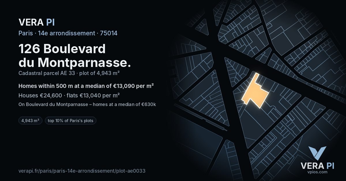 126 Boulevard du Montparnasse, 14e arrondissement at night – the plot lit, the parcels around coloured by the prices near them