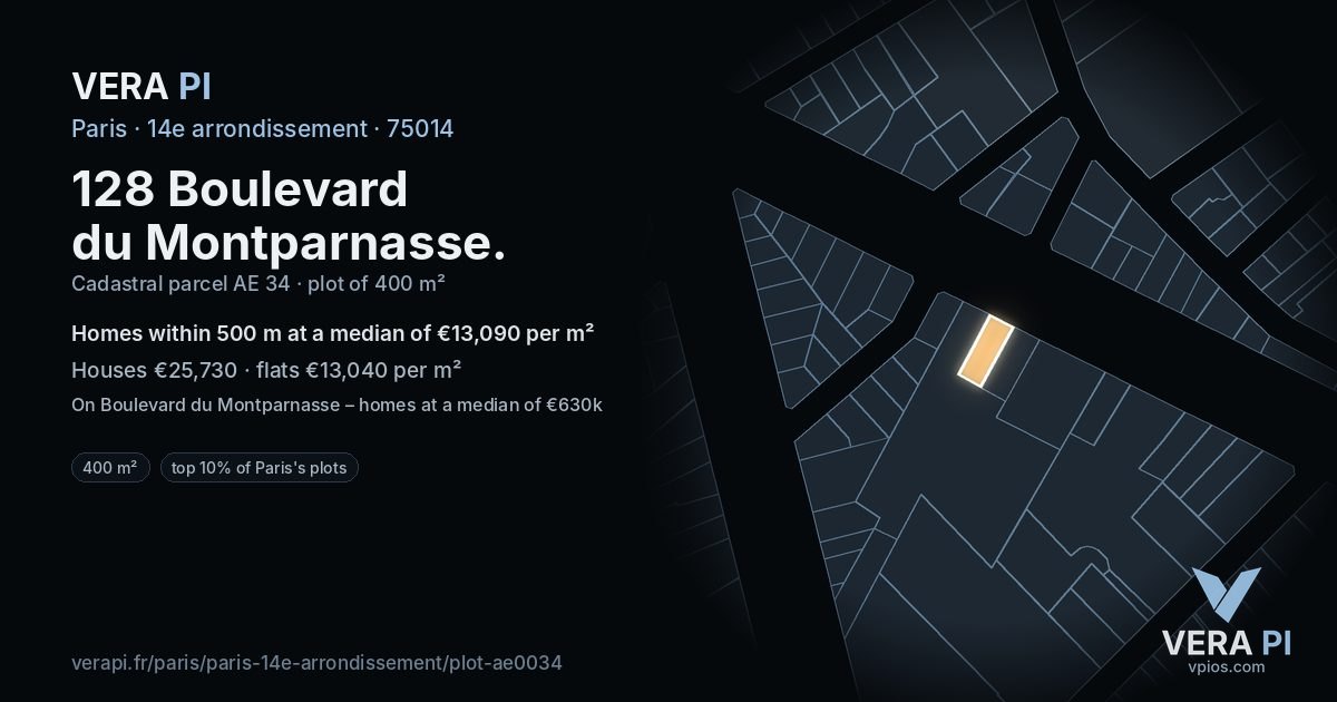 128 Boulevard du Montparnasse, 14e arrondissement at night – the plot lit, the parcels around coloured by the prices near them