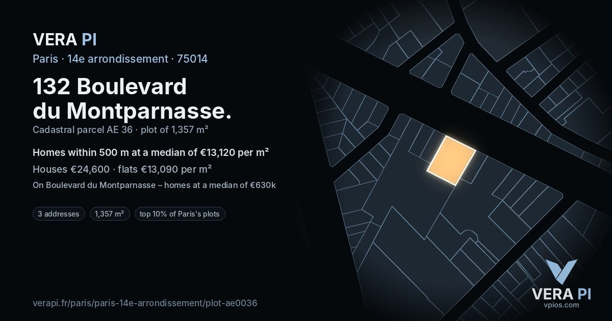 132 Boulevard du Montparnasse, 14e arrondissement at night – the plot lit, the parcels around coloured by the prices near them