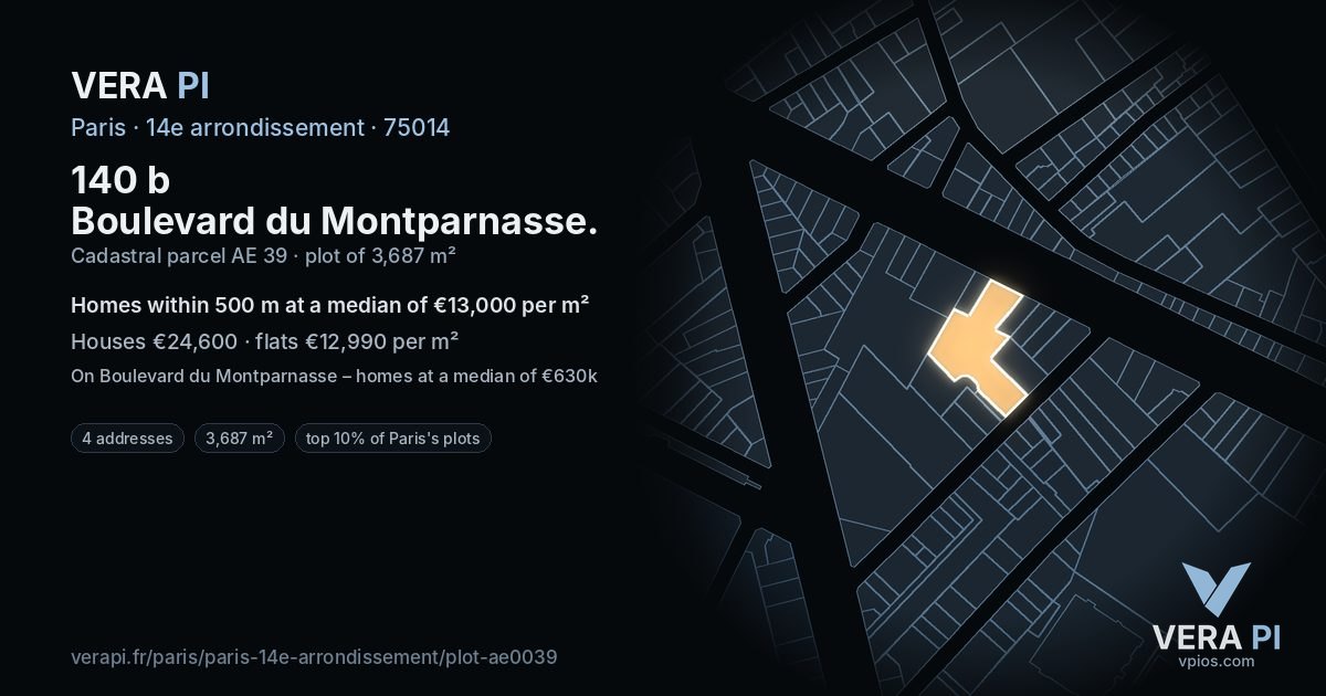 140 b Boulevard du Montparnasse, 14e arrondissement at night – the plot lit, the parcels around coloured by the prices near them