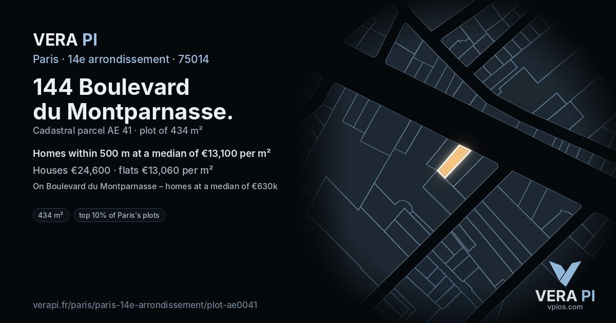 144 Boulevard du Montparnasse, 14e arrondissement at night – the plot lit, the parcels around coloured by the prices near them