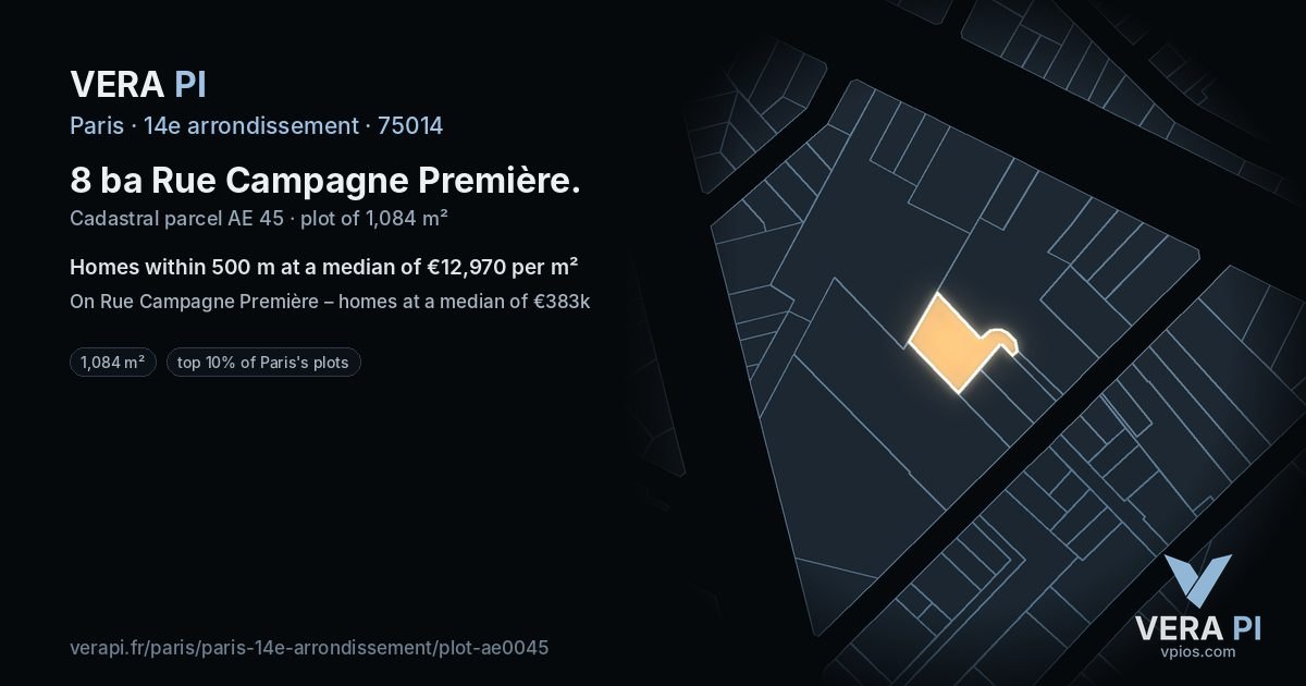 8 ba Rue Campagne Première, 14e arrondissement at night – the plot lit, the parcels around coloured by the prices near them