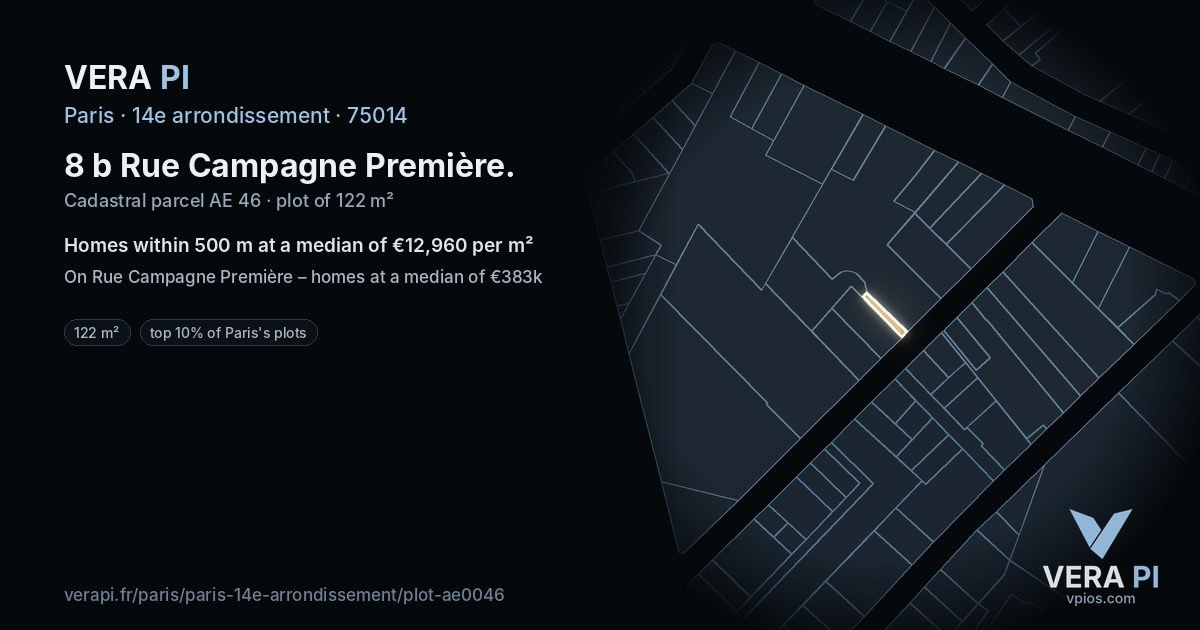 8 b Rue Campagne Première, 14e arrondissement at night – the plot lit, the parcels around coloured by the prices near them