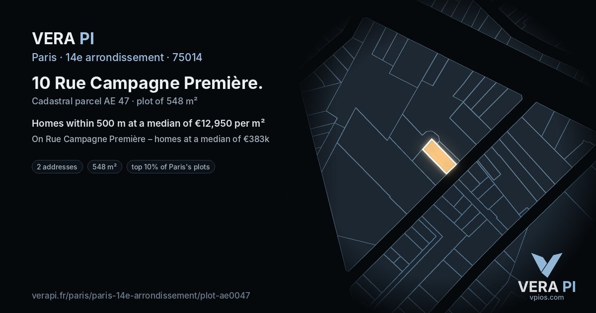 10 Rue Campagne Première, 14e arrondissement at night – the plot lit, the parcels around coloured by the prices near them