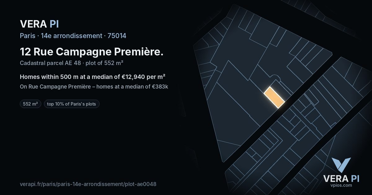 12 Rue Campagne Première, 14e arrondissement at night – the plot lit, the parcels around coloured by the prices near them