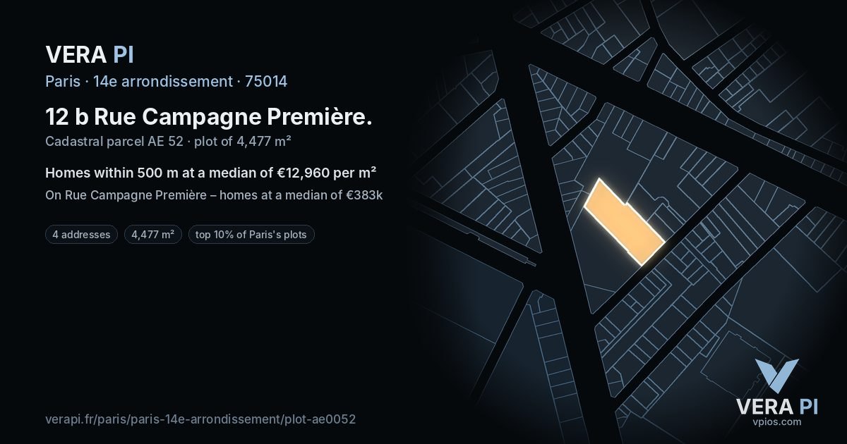 12 b Rue Campagne Première, 14e arrondissement at night – the plot lit, the parcels around coloured by the prices near them