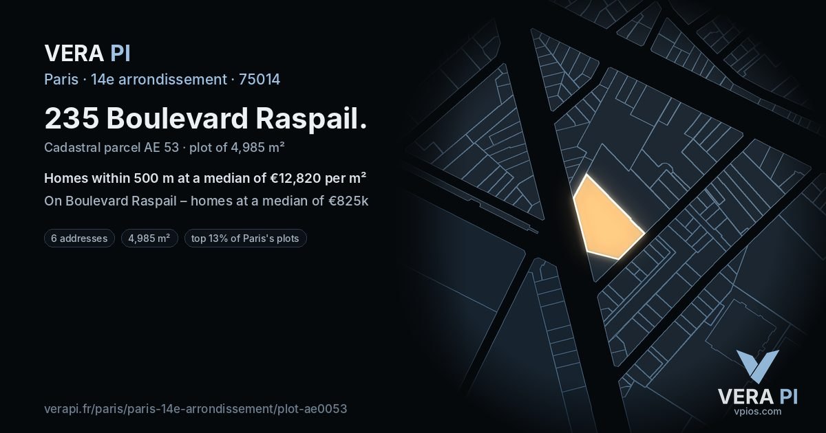 235 Boulevard Raspail, 14e arrondissement at night – the plot lit, the parcels around coloured by the prices near them