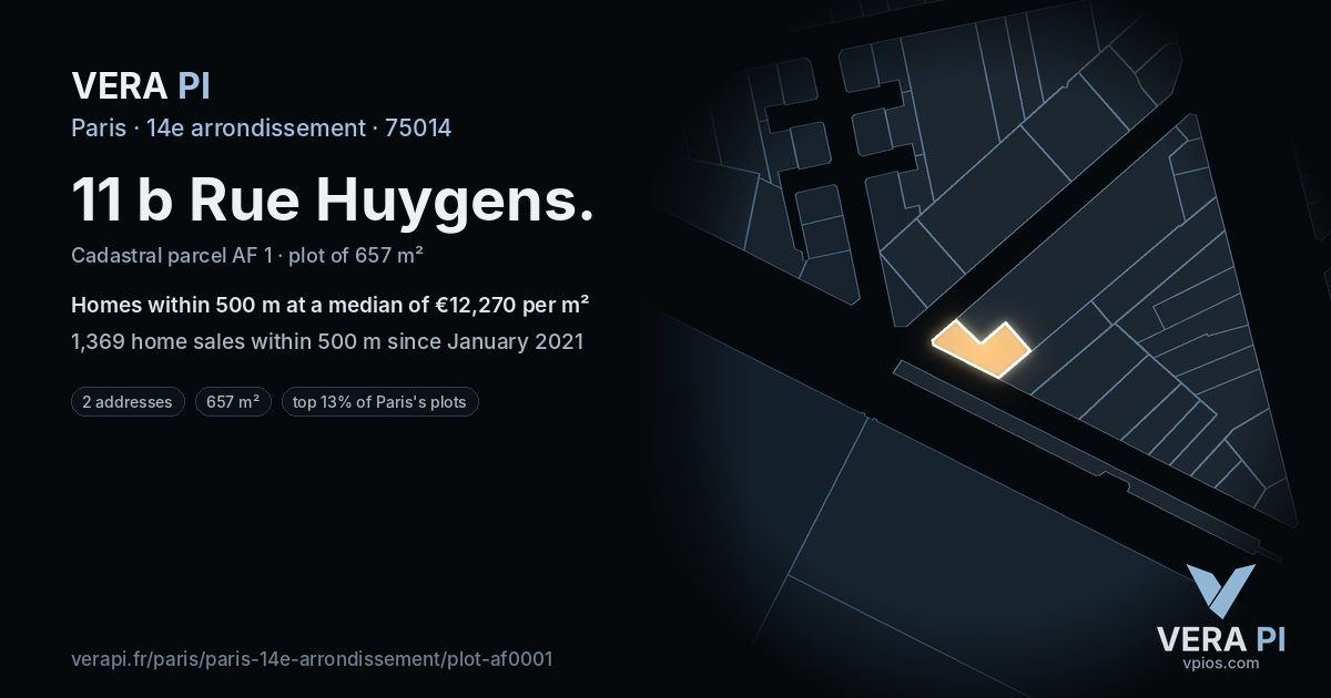11 b Rue Huygens, 14e arrondissement at night – the plot lit, the parcels around coloured by the prices near them