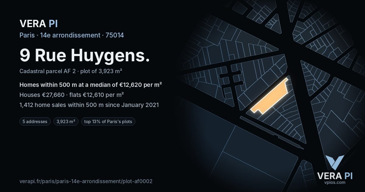 9 Rue Huygens, 14e arrondissement at night – the plot lit, the parcels around coloured by the prices near them