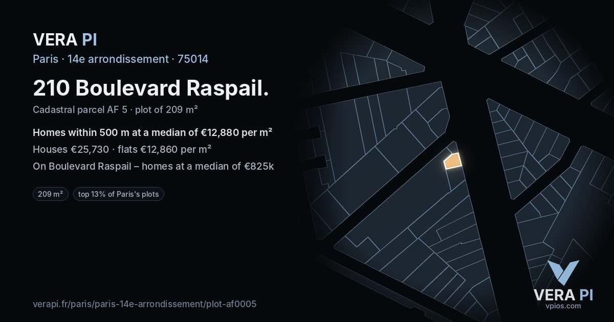 210 Boulevard Raspail, 14e arrondissement at night – the plot lit, the parcels around coloured by the prices near them