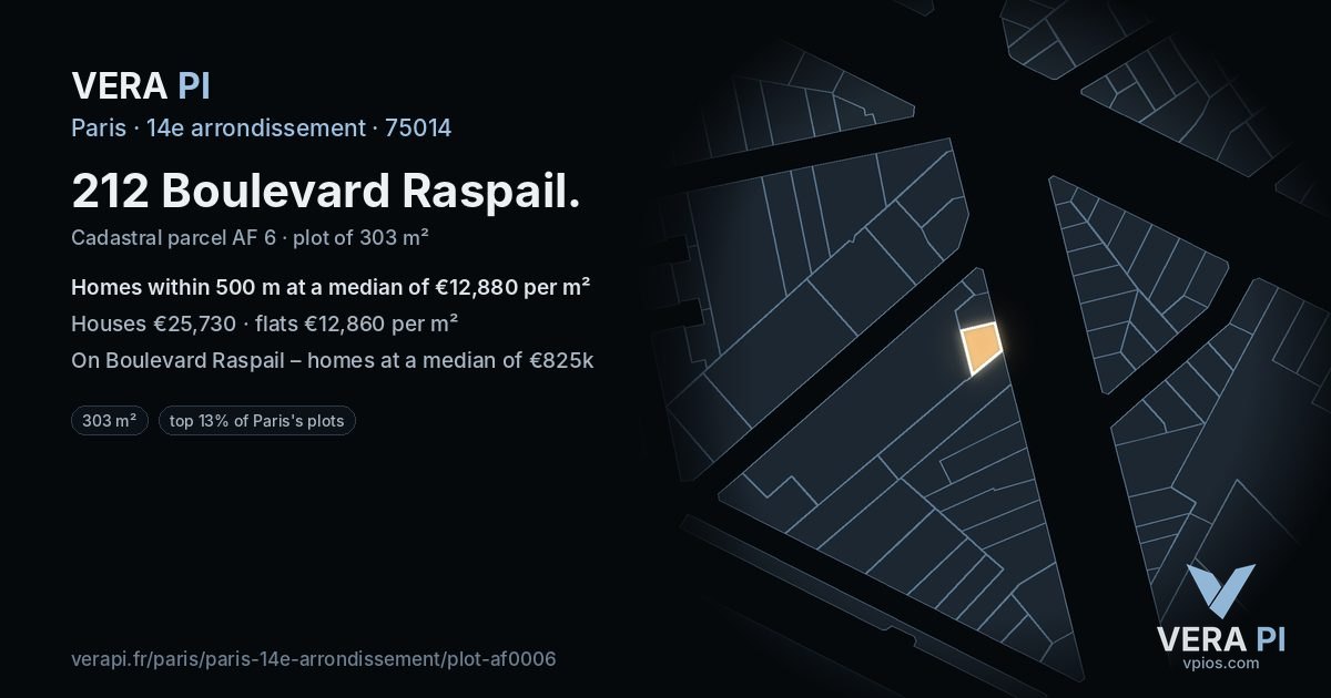 212 Boulevard Raspail, 14e arrondissement at night – the plot lit, the parcels around coloured by the prices near them