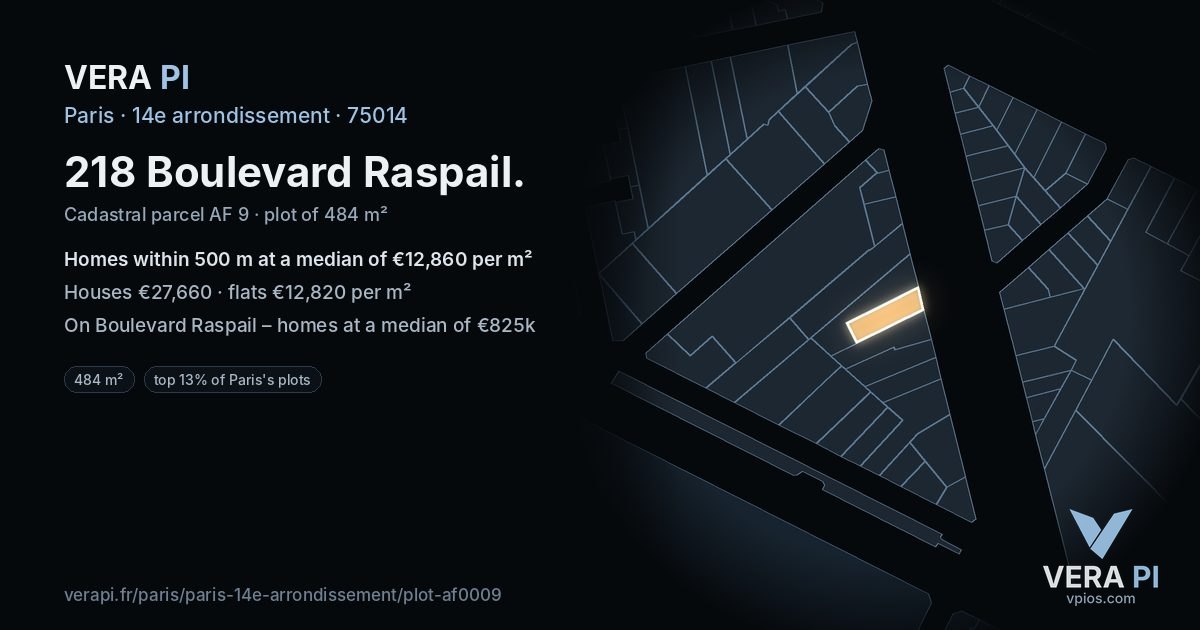 218 Boulevard Raspail, 14e arrondissement at night – the plot lit, the parcels around coloured by the prices near them