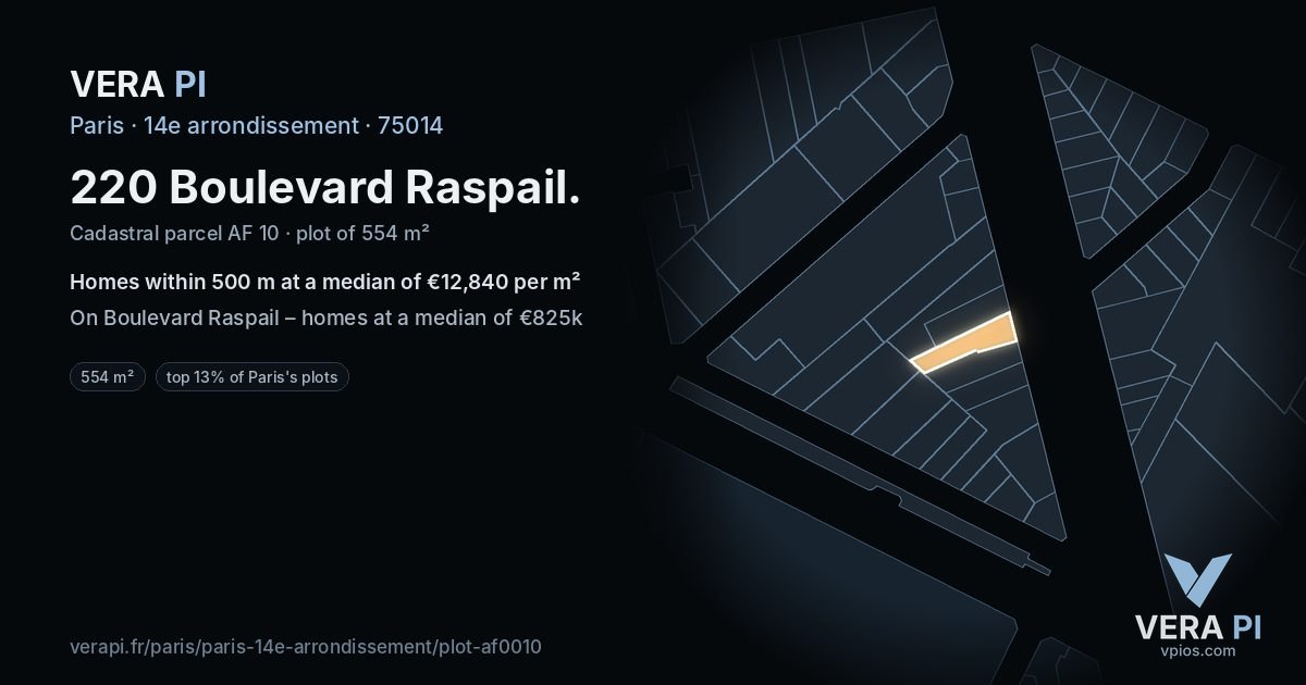 220 Boulevard Raspail, 14e arrondissement at night – the plot lit, the parcels around coloured by the prices near them