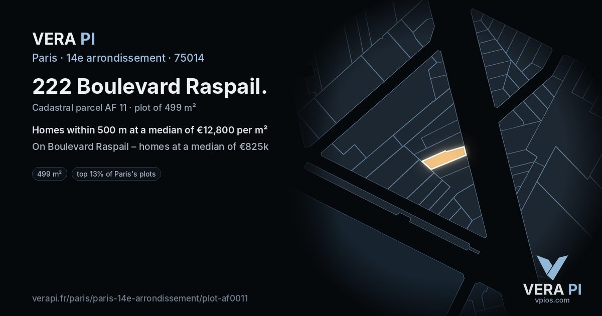 222 Boulevard Raspail, 14e arrondissement at night – the plot lit, the parcels around coloured by the prices near them