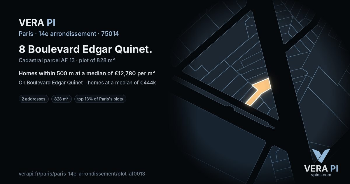 8 Boulevard Edgar Quinet, 14e arrondissement at night – the plot lit, the parcels around coloured by the prices near them