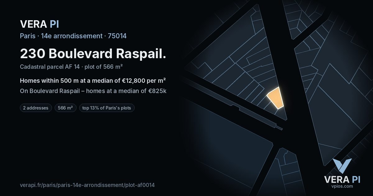 230 Boulevard Raspail, 14e arrondissement at night – the plot lit, the parcels around coloured by the prices near them