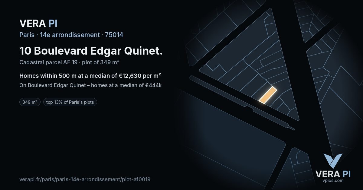10 Boulevard Edgar Quinet, 14e arrondissement at night – the plot lit, the parcels around coloured by the prices near them