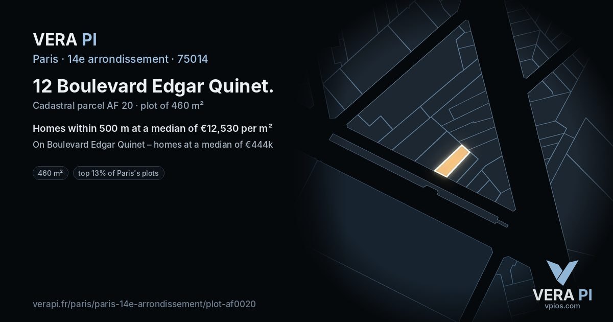 12 Boulevard Edgar Quinet, 14e arrondissement at night – the plot lit, the parcels around coloured by the prices near them