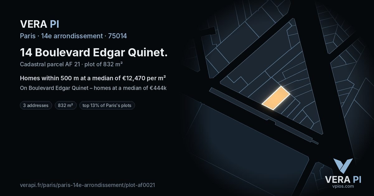 14 Boulevard Edgar Quinet, 14e arrondissement at night – the plot lit, the parcels around coloured by the prices near them