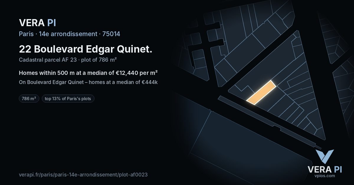 22 Boulevard Edgar Quinet, 14e arrondissement at night – the plot lit, the parcels around coloured by the prices near them