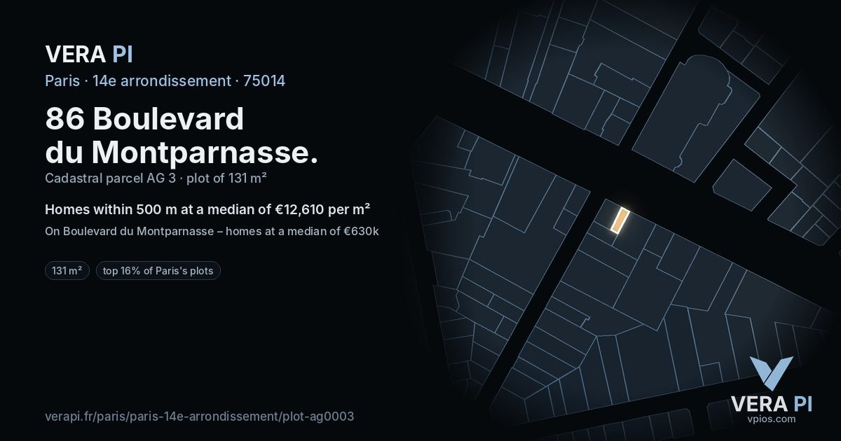 86 Boulevard du Montparnasse, 14e arrondissement at night – the plot lit, the parcels around coloured by the prices near them