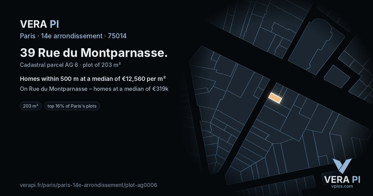 39 Rue du Montparnasse, 14e arrondissement at night – the plot lit, the parcels around coloured by the prices near them