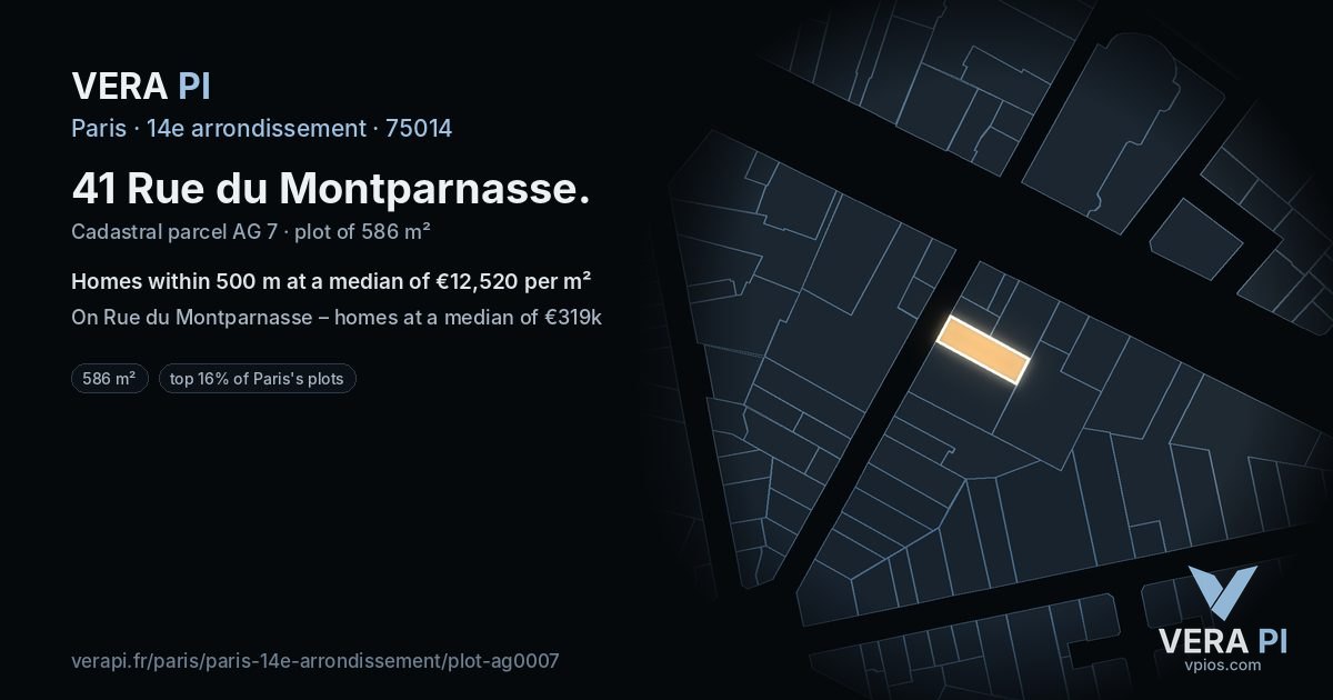 41 Rue du Montparnasse, 14e arrondissement at night – the plot lit, the parcels around coloured by the prices near them