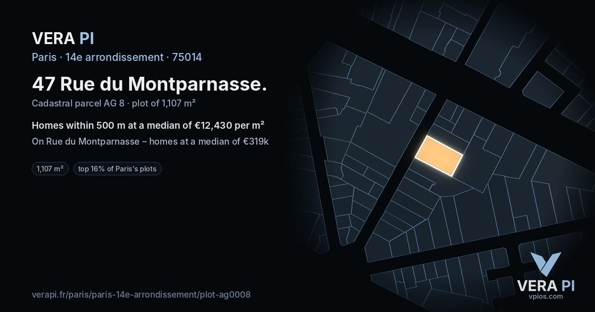 47 Rue du Montparnasse, 14e arrondissement at night – the plot lit, the parcels around coloured by the prices near them