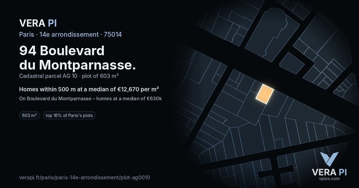 94 Boulevard du Montparnasse, 14e arrondissement at night – the plot lit, the parcels around coloured by the prices near them